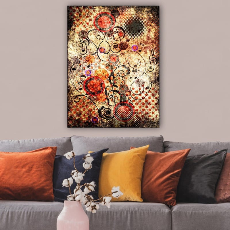 Lærred 70x100 cm - Abstrakt komposition med cirkler og sorte linjer i en dynamisk og legende stil, Rød / Sort / Beige