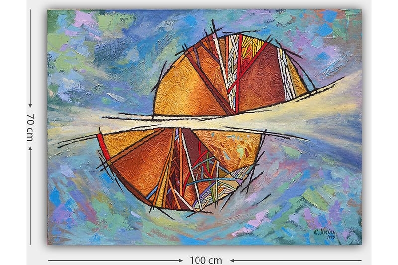 Lærred 70x100 cm - Abstrakt komposition med cirkulære former og geometriske mønstre i varme farver - Guld / Rød / Orange - Boligtilbehør - Billeder & kunst - Billeder på lærred