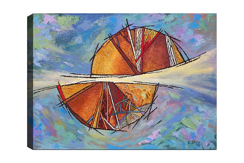 Lærred 70x100 cm - Abstrakt komposition med cirkulære former og geometriske mønstre i varme farver, Guld / Rød / Orange