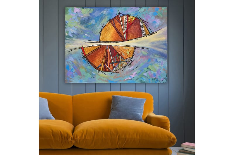 Lærred 70x100 cm - Abstrakt komposition med cirkulære former og geometriske mønstre i varme farver - Guld / Rød / Orange - Boligtilbehør - Billeder & kunst - Billeder på lærred