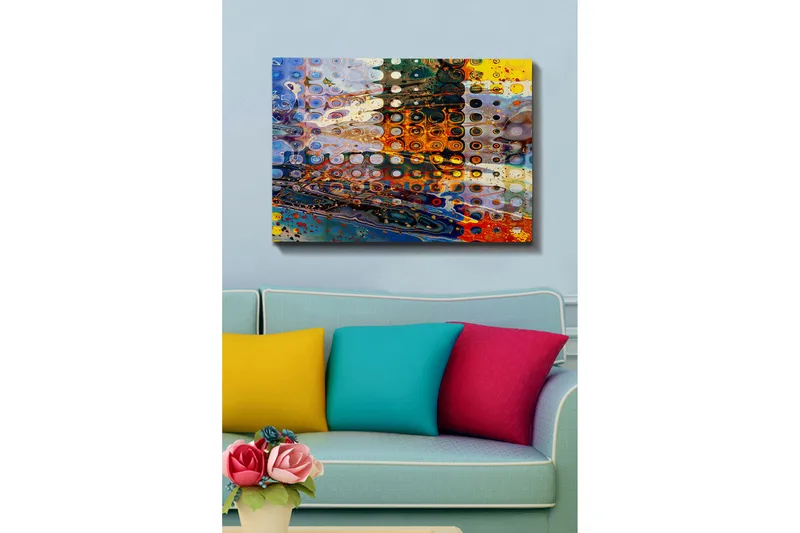 Lærred 70x100 cm - Abstrakt komposition med cirkulære mønstre i forskellige farver, der skaber en dynamisk følelse - Blå / Orange / Gul - Boligtilbehør - Billeder & kunst - Billeder på lærred