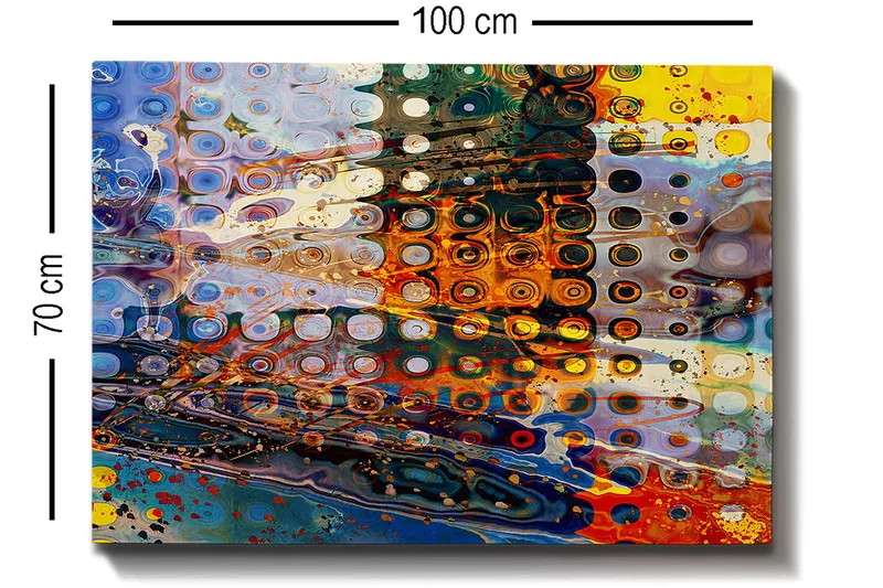 Lærred 70x100 cm - Abstrakt komposition med cirkulære mønstre i forskellige farver, der skaber en dynamisk følelse - Blå / Orange / Gul - Boligtilbehør - Billeder & kunst - Billeder på lærred