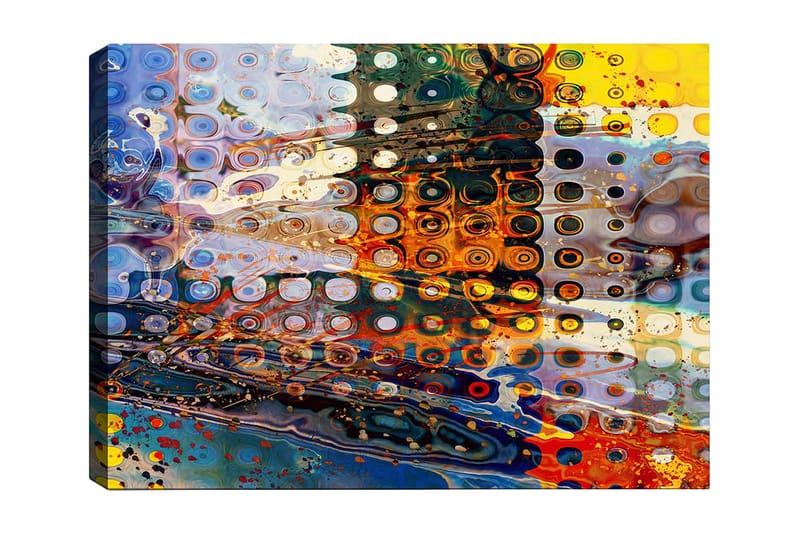 Lærred 70x100 cm - Abstrakt komposition med cirkulære mønstre i forskellige farver, der skaber en dynamisk følelse, Blå / Orange / Gul
