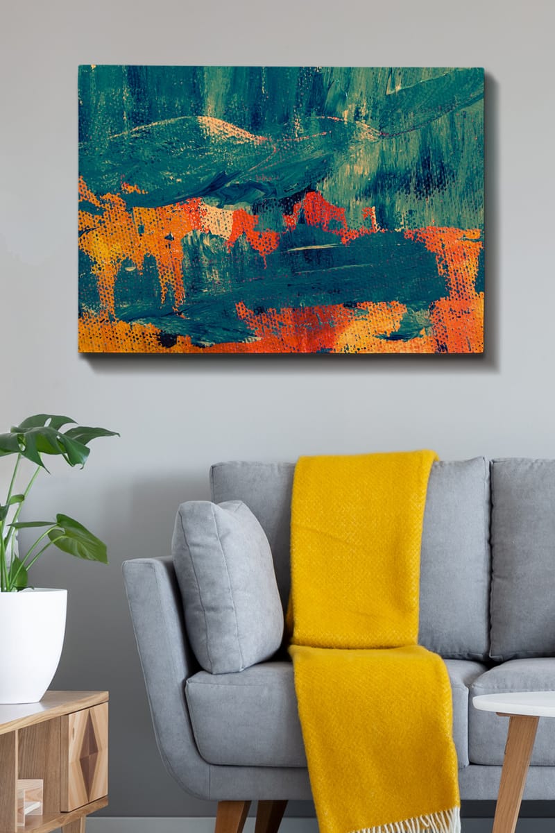 Lærred 70x100 cm - Abstrakt komposition med dybgrønne og varme orange toner - Mørkegrøn / Orange - Boligtilbehør - Billeder & kunst - Billeder på lærred