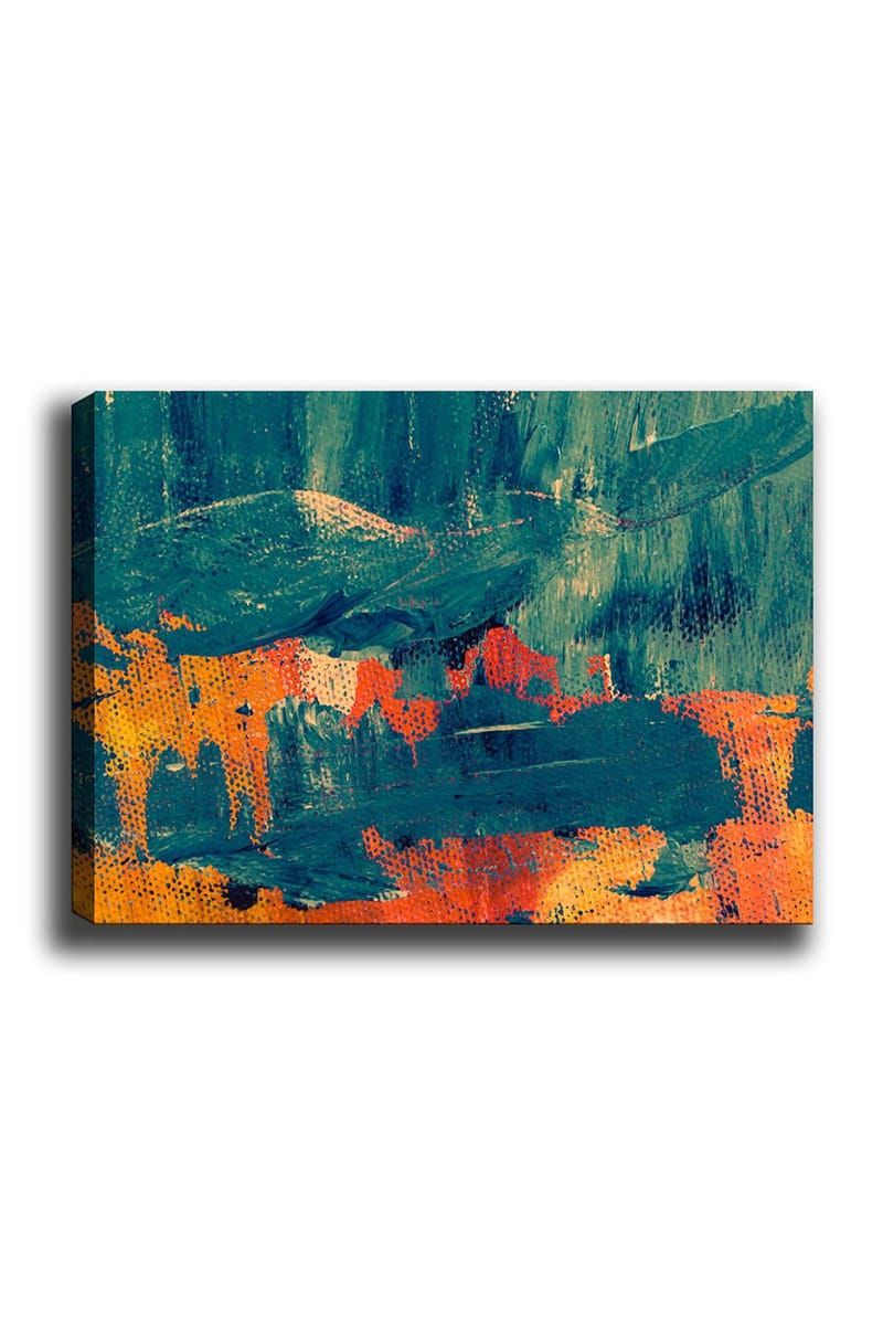 Lærred 70x100 cm - Abstrakt komposition med dybgrønne og varme orange toner, Mørkegrøn / Orange