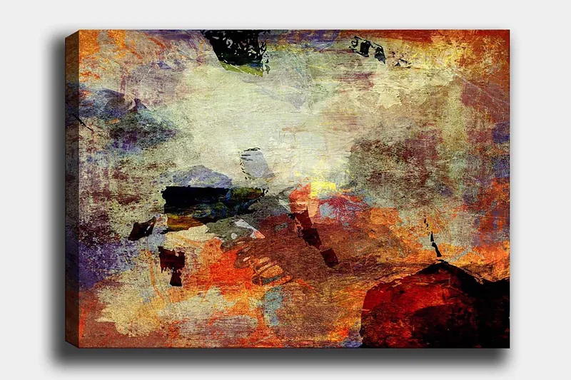 Lærred 70x100 cm - Abstrakt komposition med dynamiske farvefelter, der skaber en følelse af bevægelse og dybde - Rød / Orange / Grøn - Boligtilbehør - Billeder & kunst - Billeder på lærred