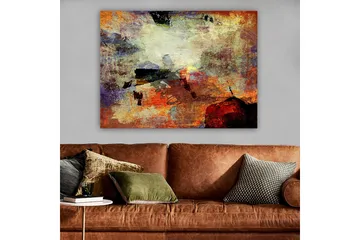 Lærred 70x100 cm - Abstrakt komposition med dynamiske farvefelter, der skaber en følelse af bevægelse og dybde - Rød / Orange / Grøn - Boligtilbehør - Billeder & kunst - Billeder på lærred