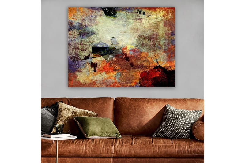 Lærred 70x100 cm - Abstrakt komposition med dynamiske farvefelter, der skaber en følelse af bevægelse og dybde - Rød / Orange / Grøn - Boligtilbehør - Billeder & kunst - Billeder på lærred