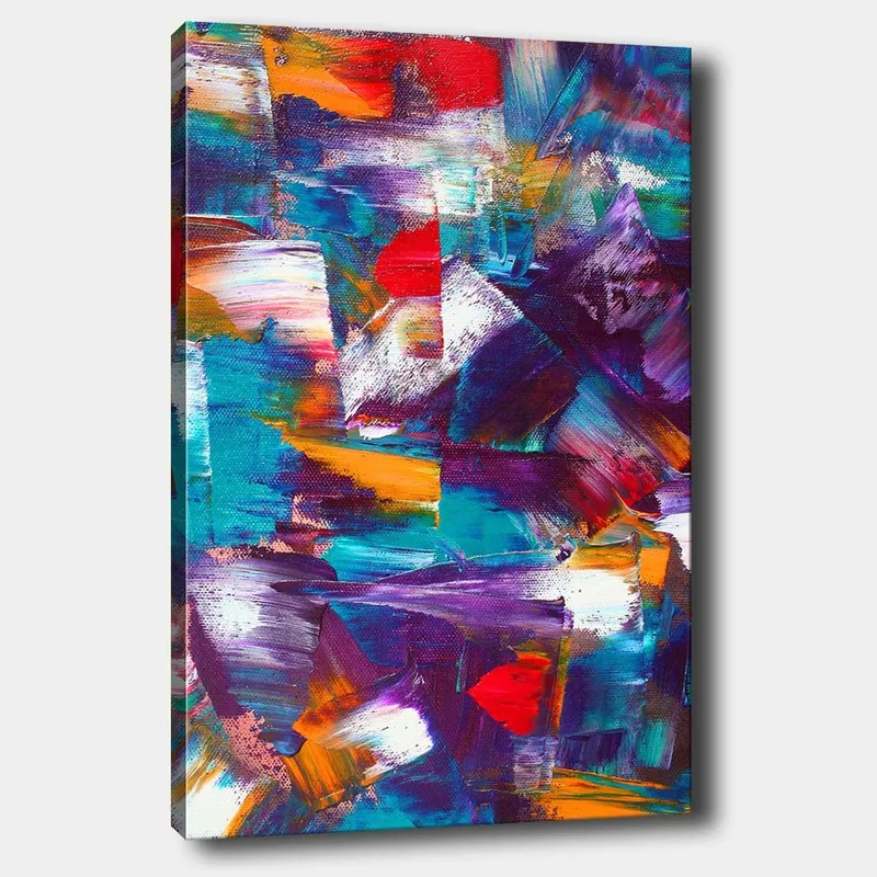 Lærred 70x100 cm - Abstrakt komposition med dynamiske farvefelter og teksturer, Turkis / Lilla / Rød