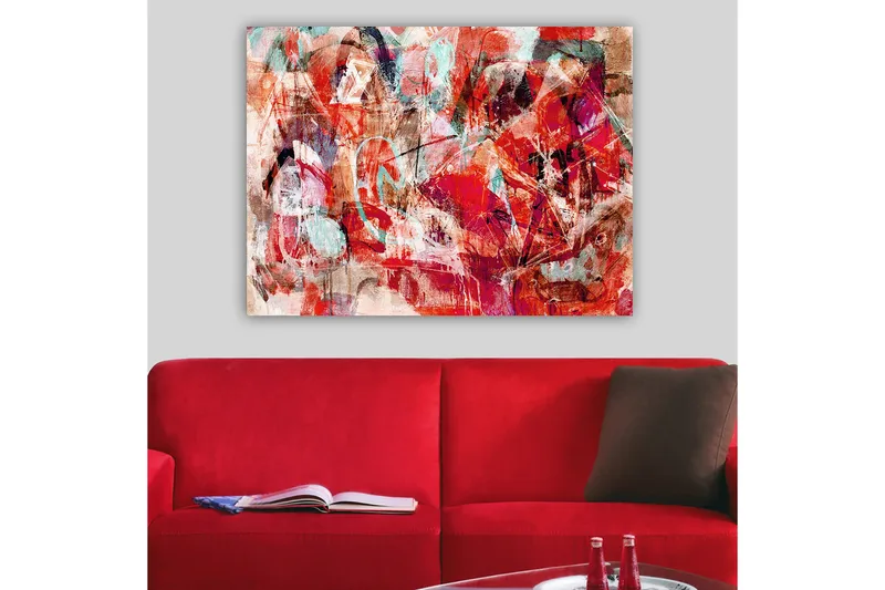 Lærred 70x100 cm - Abstrakt komposition med dynamiske former i stærke farver, Rød / Turkis / Beige