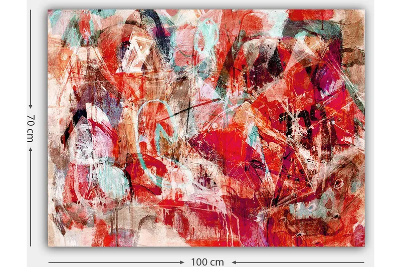 Lærred 70x100 cm - Abstrakt komposition med dynamiske former i stærke farver - Rød / Turkis / Beige - Boligtilbehør - Billeder & kunst - Billeder på lærred