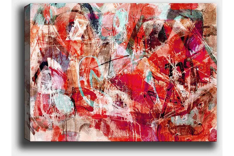 Lærred 70x100 cm - Abstrakt komposition med dynamiske former i stærke farver - Rød / Turkis / Beige - Boligtilbehør - Billeder & kunst - Billeder på lærred