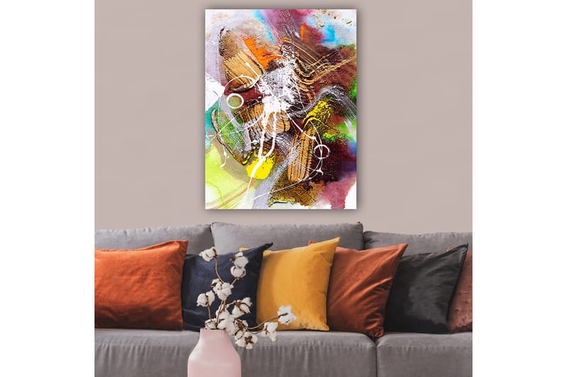 Lærred 70x100 cm - Abstrakt komposition med dynamiske former og farver, der skaber en følelse af bevægelse - Guld / Grøn / Rød - Boligtilbehør - Billeder & kunst - Billeder på lærred