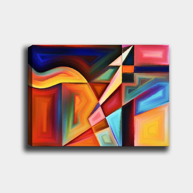 Lærred 70x100 cm - Abstrakt komposition med dynamiske former og farver, der skaber en følelse af bevægelse, Mørkeblå / Orange / Rød