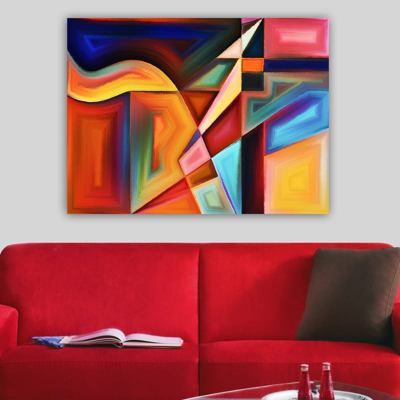 Lærred 70x100 cm - Abstrakt komposition med dynamiske former og farver, der skaber en følelse af bevægelse - Mørkeblå / Orange / Rød - Boligtilbehør - Billeder & kunst - Billeder på lærred