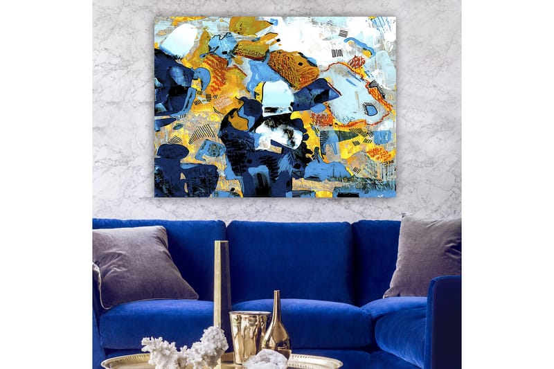 Lærred 70x100 cm - Abstrakt komposition med dynamiske former og farver, der skaber en livlig følelse - Mørkeblå / Lyseblå / Gul - Boligtilbehør - Billeder & kunst - Billeder på lærred