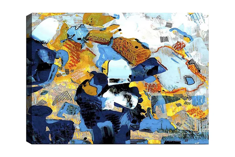 Lærred 70x100 cm - Abstrakt komposition med dynamiske former og farver, der skaber en livlig følelse, Mørkeblå / Lyseblå / Gul