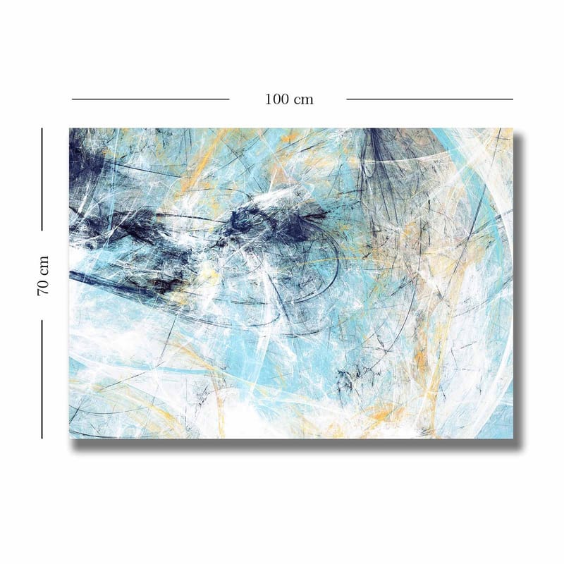 Lærred 70x100 cm - Abstrakt komposition med elementer af blå og lyse toner, der skaber en følelse af bevægelse - Blå / Hvid / Lys gul - Boligtilbehør - Billeder & kunst - Billeder på lærred
