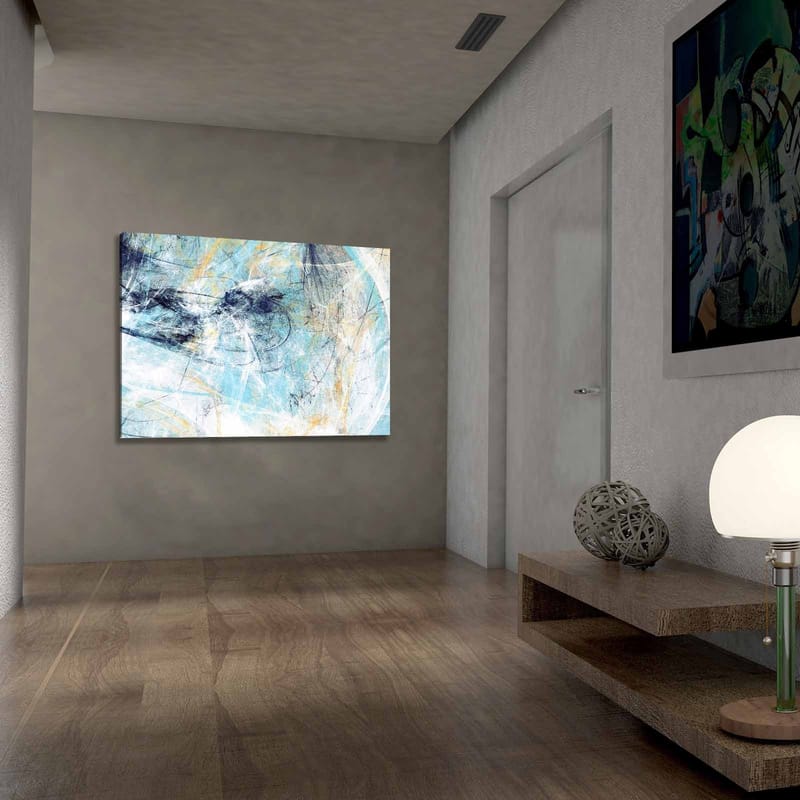 Lærred 70x100 cm - Abstrakt komposition med elementer af blå og lyse toner, der skaber en følelse af bevægelse - Blå / Hvid / Lys gul - Boligtilbehør - Billeder & kunst - Billeder på lærred