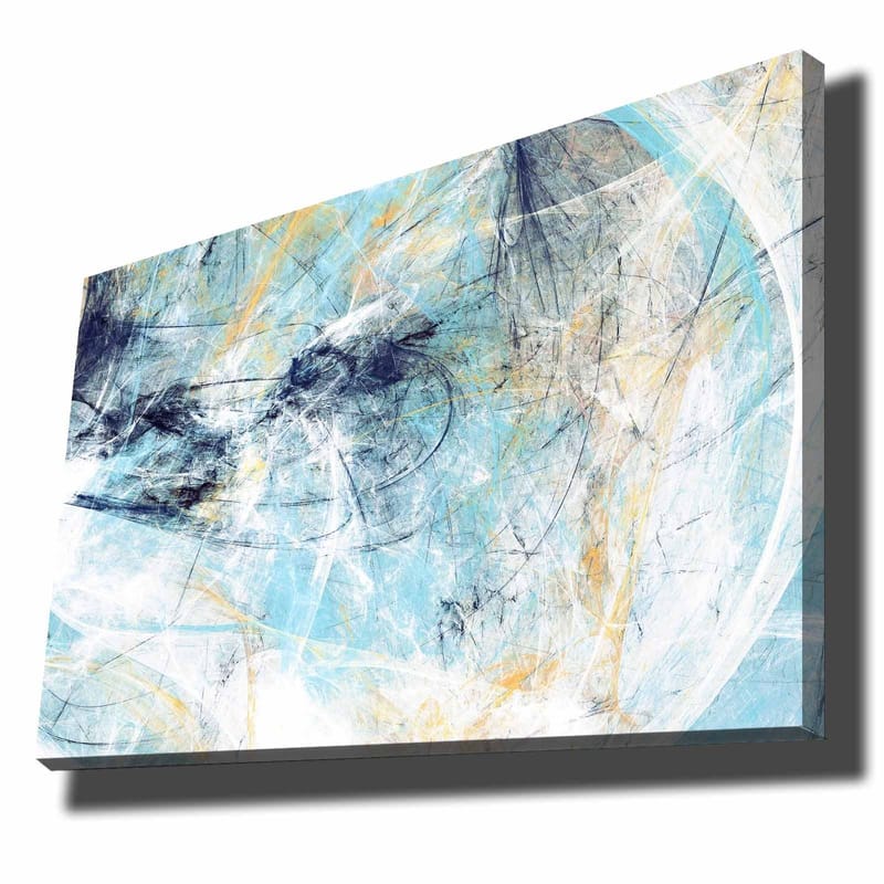 Lærred 70x100 cm - Abstrakt komposition med elementer af blå og lyse toner, der skaber en følelse af bevægelse, Blå / Hvid / Lys gul