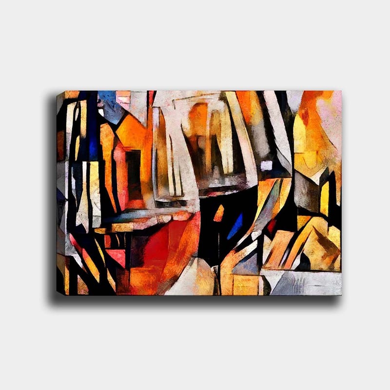 Lærred 70x100 cm - Abstrakt komposition med elementer af glas og geometriske former, Orange / Sort / Gul