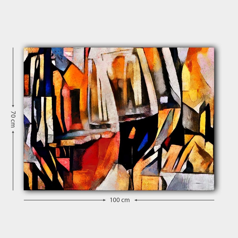 Lærred 70x100 cm - Abstrakt komposition med elementer af glas og geometriske former - Orange / Sort / Gul - Boligtilbehør - Billeder & kunst - Billeder på lærred