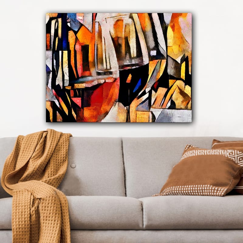 Lærred 70x100 cm - Abstrakt komposition med elementer af glas og geometriske former - Orange / Sort / Gul - Boligtilbehør - Billeder & kunst - Billeder på lærred