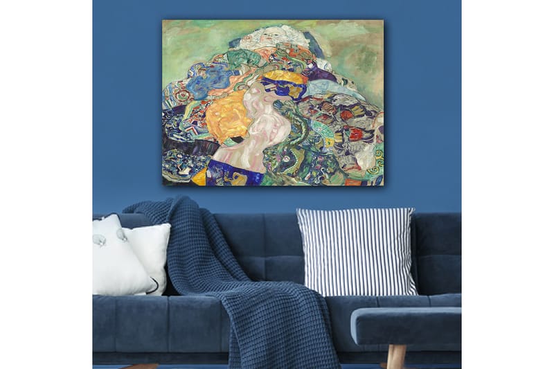 Lærred 70x100 cm - Abstrakt komposition med en liggende figur omgivet af farverige mønstre og former - Blå / Orange / Grøn - Boligtilbehør - Billeder & kunst - Billeder på lærred