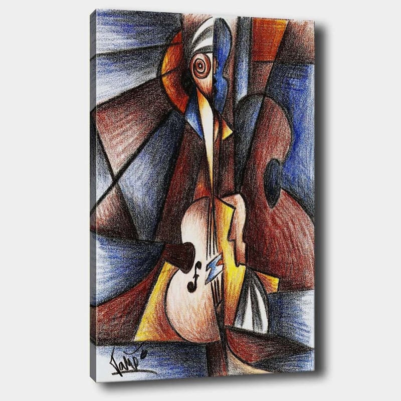 Lærred 70x100 cm - Abstrakt komposition med en musiker, der spiller et instrument, Mørkeblå / Brun / Beige