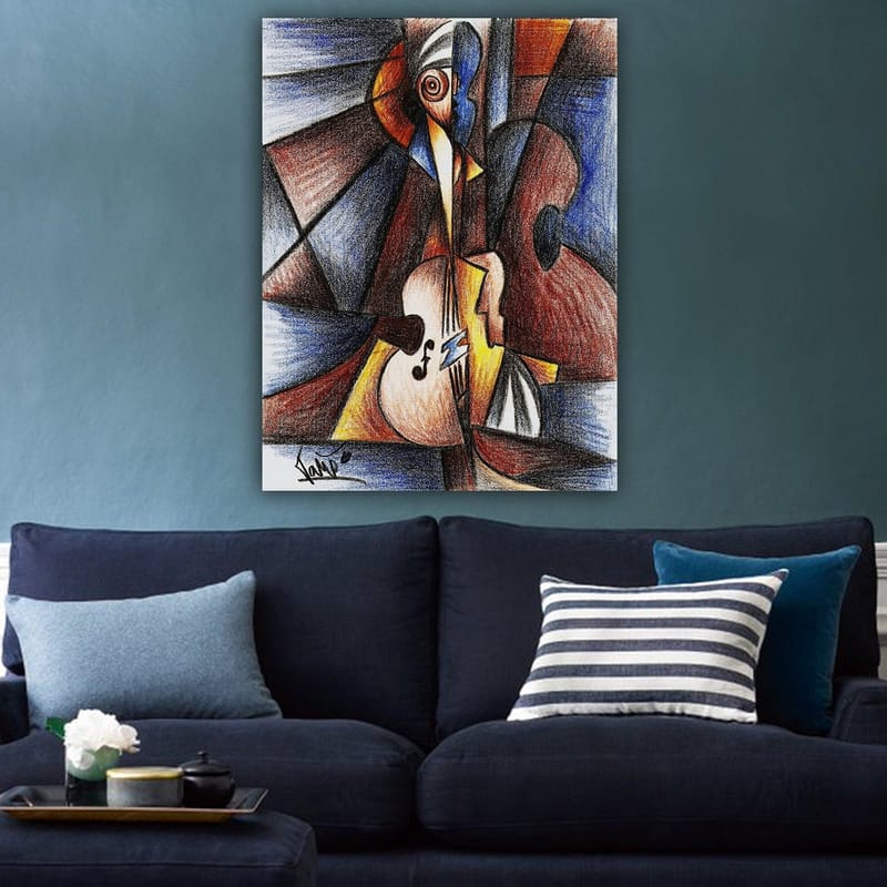 Lærred 70x100 cm - Abstrakt komposition med en musiker, der spiller et instrument - Mørkeblå / Brun / Beige - Boligtilbehør - Billeder & kunst - Billeder på lærred