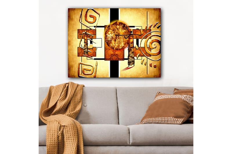 Lærred 70x100 cm - Abstrakt komposition med en stor sol og geometriske former - Guld / Brun / Sort - Boligtilbehør - Billeder & kunst - Billeder på lærred