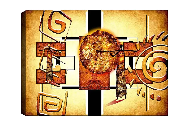 Lærred 70x100 cm - Abstrakt komposition med en stor sol og geometriske former, Guld / Brun / Sort