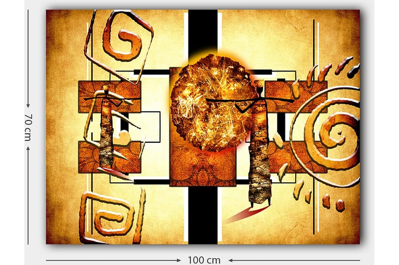 Lærred 70x100 cm - Abstrakt komposition med en stor sol og geometriske former - Guld / Brun / Sort - Boligtilbehør - Billeder & kunst - Billeder på lærred