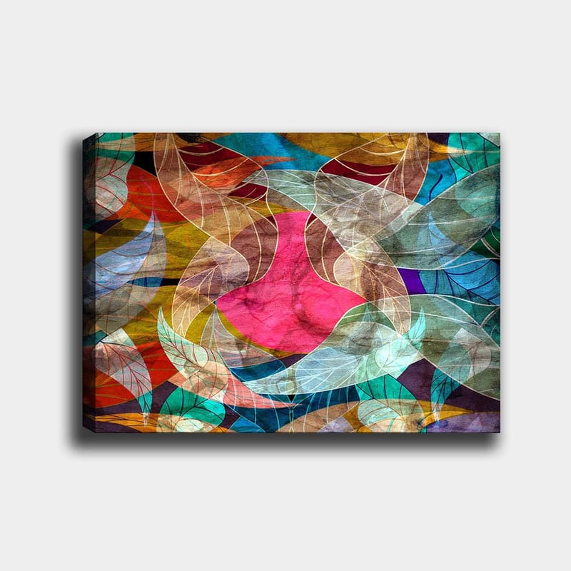 Lærred 70x100 cm - Abstrakt komposition med farverige bladformer og en central lyserød figur, Lyserød / Turkis / Gyldenbrun