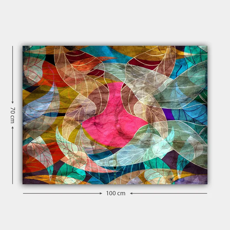 Lærred 70x100 cm - Abstrakt komposition med farverige bladformer og en central lyserød figur - Lyserød / Turkis / Gyldenbrun - Boligtilbehør - Billeder & kunst - Billeder på lærred