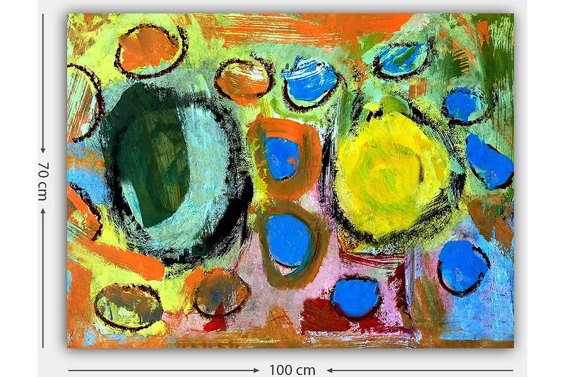 Lærred 70x100 cm - Abstrakt komposition med farverige cirkler og former, der skaber en livlig og dynamisk følelse - Grøn / Gul / Blå - Boligtilbehør - Billeder & kunst - Billeder på lærred