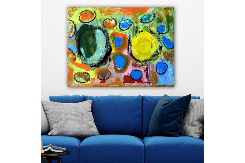 Lærred 70x100 cm - Abstrakt komposition med farverige cirkler og former, der skaber en livlig og dynamisk følelse, Grøn / Gul / Blå