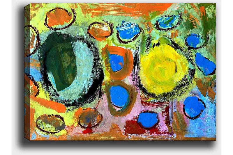 Lærred 70x100 cm - Abstrakt komposition med farverige cirkler og former, der skaber en livlig og dynamisk følelse - Grøn / Gul / Blå - Boligtilbehør - Billeder & kunst - Billeder på lærred