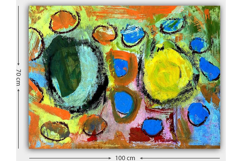 Lærred 70x100 cm - Abstrakt komposition med farverige cirkler og former, der skaber en livlig og dynamisk følelse - Grøn / Gul / Blå - Boligtilbehør - Billeder & kunst - Billeder på lærred
