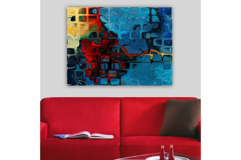 Lærred 70x100 cm - Abstrakt komposition med farverige firkanter i blåt og rødt - Blå / Rød / Orange - Boligtilbehør - Billeder & kunst - Billeder på lærred