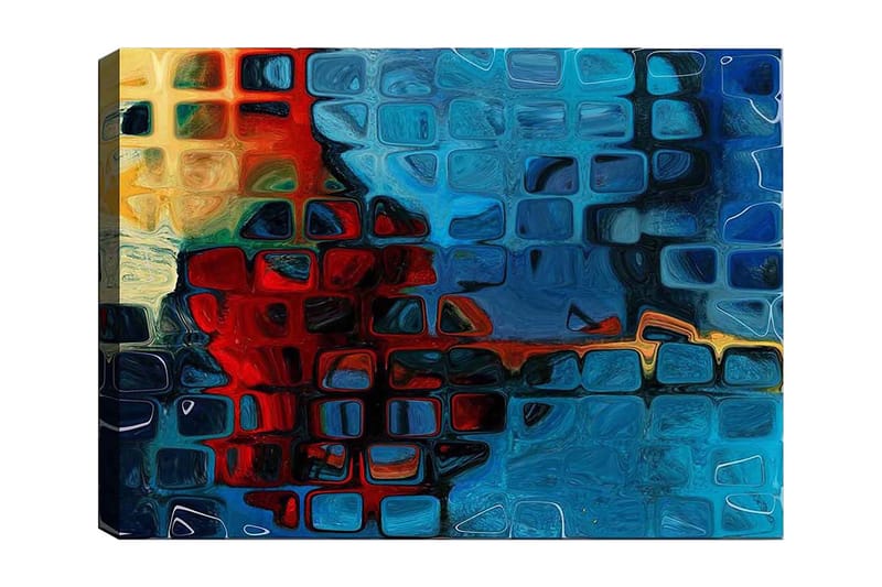 Lærred 70x100 cm - Abstrakt komposition med farverige firkanter i blåt og rødt, Blå / Rød / Orange