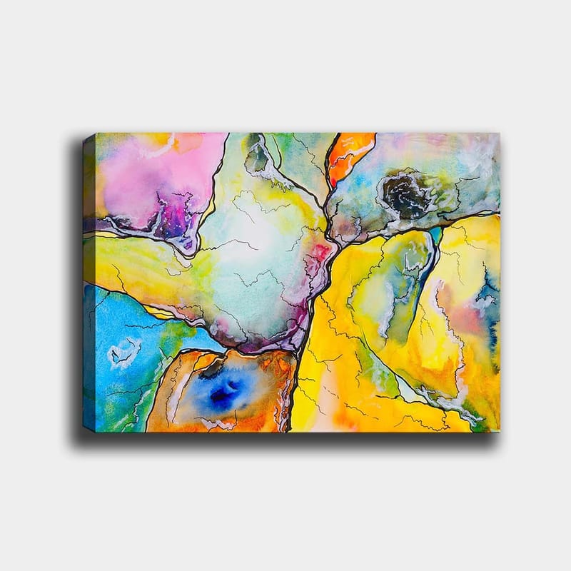 Lærred 70x100 cm - Abstrakt komposition med farverige former, der interagerer i harmoniske mønstre, Gul / Blå / Lyserød