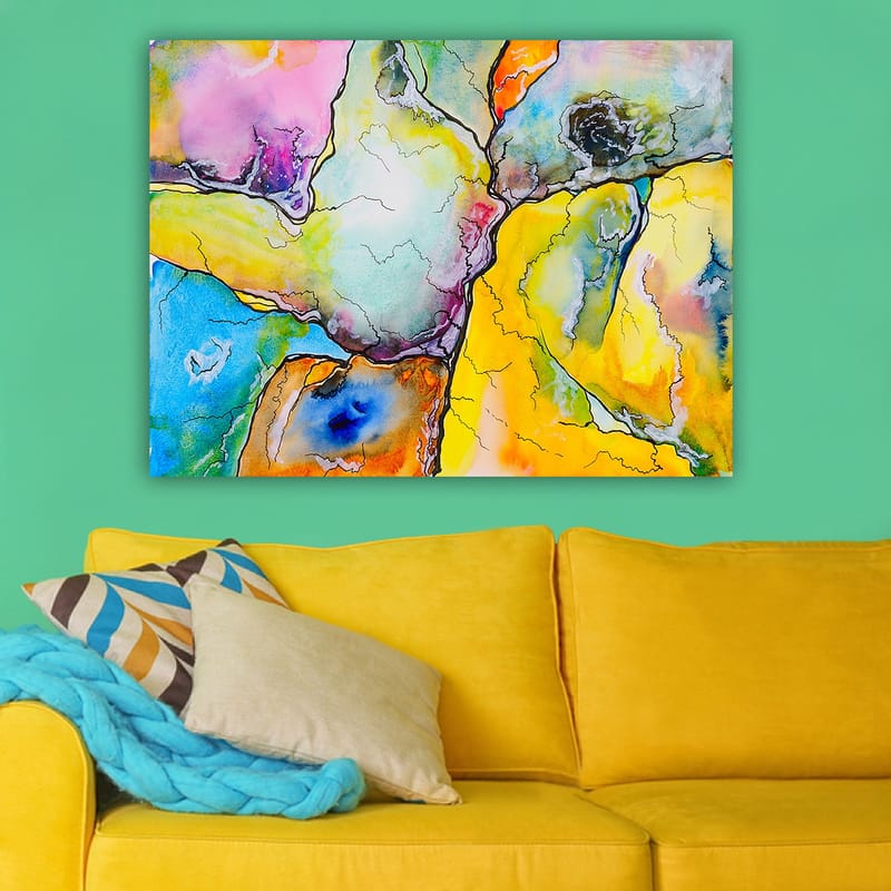 Lærred 70x100 cm - Abstrakt komposition med farverige former, der interagerer i harmoniske mønstre - Gul / Blå / Lyserød - Boligtilbehør - Billeder & kunst - Billeder på lærred