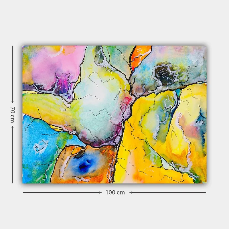 Lærred 70x100 cm - Abstrakt komposition med farverige former, der interagerer i harmoniske mønstre - Gul / Blå / Lyserød - Boligtilbehør - Billeder & kunst - Billeder på lærred