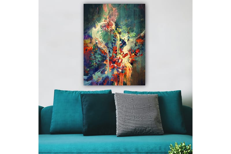 Lærred 70x100 cm - Abstrakt komposition med farverige former og dynamiske linjer - Rød / Grøn / Blå - Boligtilbehør - Billeder & kunst - Billeder på lærred