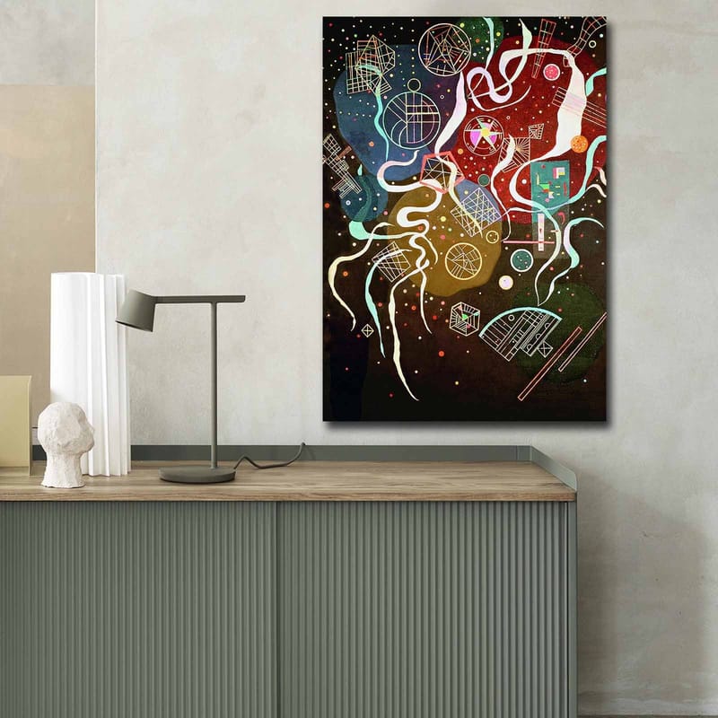 Lærred 70x100 cm - Abstrakt komposition med farverige former og linjer, der skaber en dynamisk bevægelse - Rød / Grøn / Blå - Boligtilbehør - Billeder & kunst - Billeder på lærred