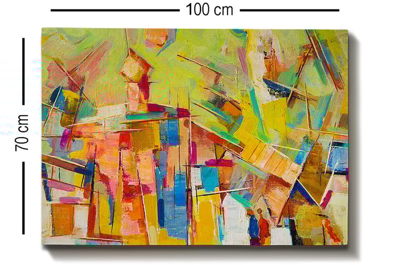 Lærred 70x100 cm - Abstrakt komposition med farverige former og linjer, der skaber en dynamisk følelse - Gul / Lyserød / Blå - Boligtilbehør - Billeder & kunst - Billeder på lærred
