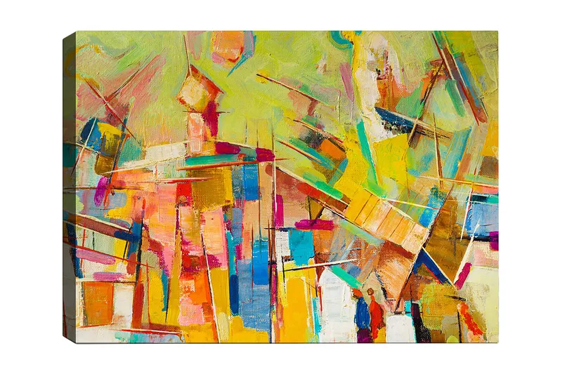 Lærred 70x100 cm - Abstrakt komposition med farverige former og linjer, der skaber en dynamisk følelse, Gul / Lyserød / Blå