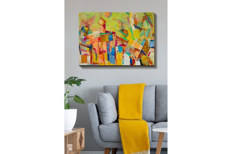 Lærred 70x100 cm - Abstrakt komposition med farverige former og linjer, der skaber en dynamisk følelse - Gul / Lyserød / Blå - Boligtilbehør - Billeder & kunst - Billeder på lærred