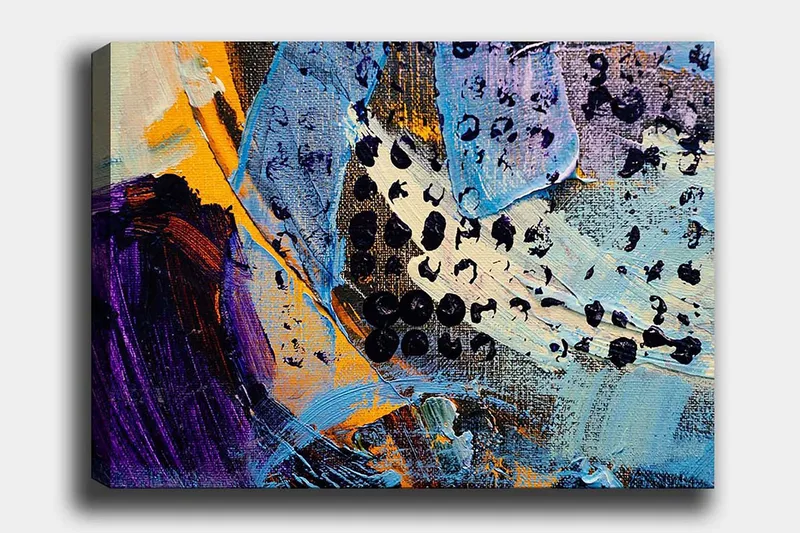 Lærred 70x100 cm - Abstrakt komposition med farverige former og teksturer, Blå / Sort / Orange